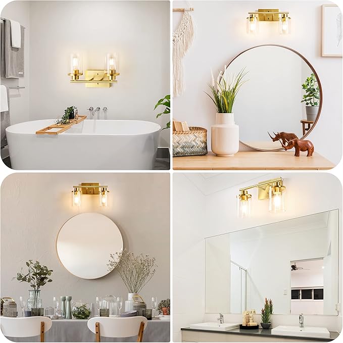 EDISHINE Bathroom Light Fixtures, 2-Light Gold Bathroom Vanity Light, Modern Wall Sconces with Clear Glass Shades for Powder Room, Vanity Table, Mirror, Kitchen (E26 Base)