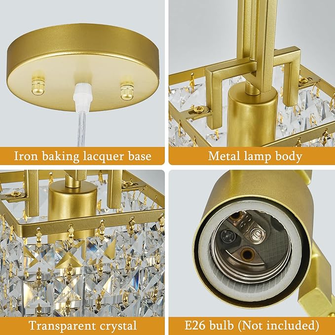 Modern Crystal Pendant Light Kitchen Island Farmhouse Lamp Adjustable Height Hanging Lighting Square Gold Chandelier Suitable for Kitchen Island Dining Room and Bedroom(3Pack)