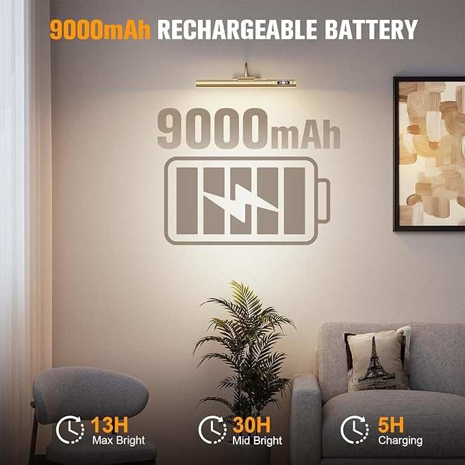 15.7'' Picture Lights for Wall with Motion Sensor, 9000mAh Rechargeable Battery Operated Poster Lights for Paintings, Portraits, Wall Decor, Gold(2pcs)