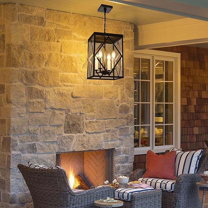 Exterior Hanging Lantern Porch Pendant Lights with Clear Glass Oil Rubbed Brozne Outdoor Pendant Light Adjustable Outside Chandelier Ceiling Mount or Front Porch Entrance Patio Foyer, 4 Light