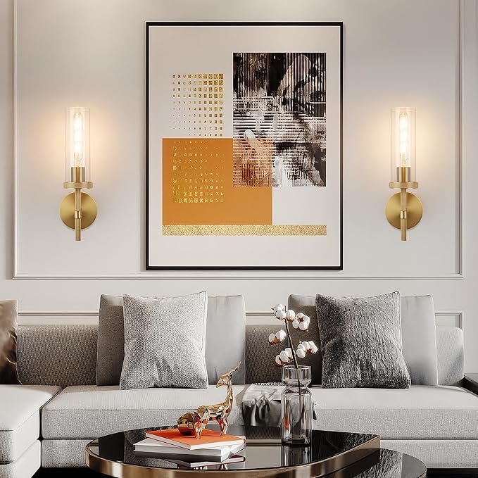 15" Knurled Brass Wall Sconce with Clear Glass Tube, Gold Bathroom Vanity Light Fixtures, Modern Lamp Lighting for Bedroom, Living Room, Hallway, Staircase, Mirror, Kitchen
