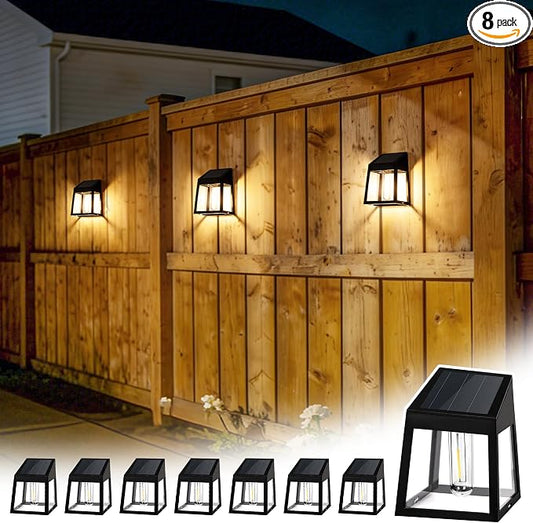 GIGALUMI Solar Fence Lights, 8 Pack Fence Outdoor Waterproof Lights Solar Powered, Warm White Yard Decorations for Garden, Post, Front Door, Backyard, Porch, Deck