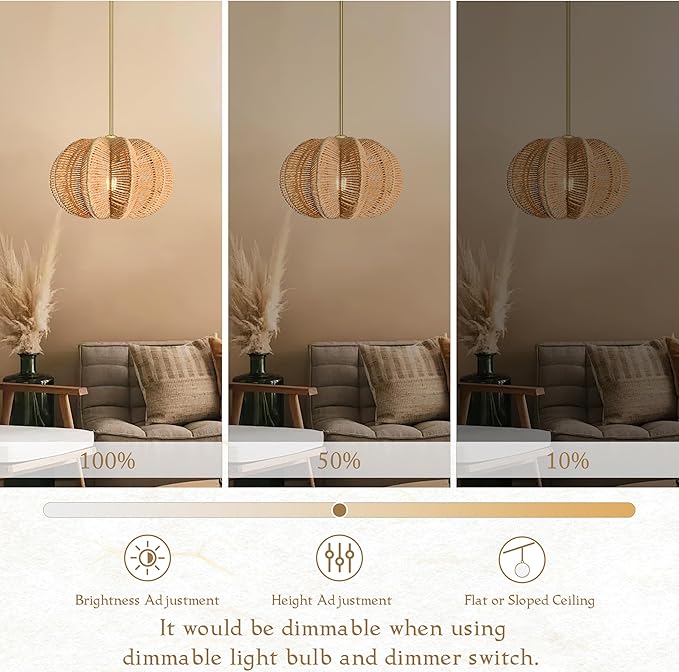 Rattan Pendant Light 12.6 in Hemp Rope Rattan Light Fixture Woven Pendant Wicker Chandelier Boho Chandelier for Hallyway