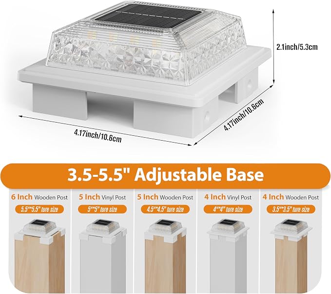 APONUO Solar Post Cap Lights, 3 Color Modes & 2 Brightness, Adjustable Base Fits 4x4 5x5 6x6 Posts (3.5-5.5 Inch), IP65 Waterproof, Deck & Fence Post Lights Solar Powered with Screws, White, 6 Pack