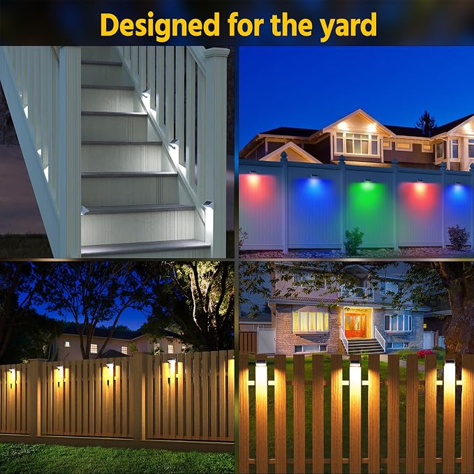 NIORSUN Outdoor Fence Lights, 10 Pack Waterproof LED Solar Fence Lights with 1500mAh Battery, Warm White/Cool White/RGB, Easy-to-Install Wall Light for Deck, Patio, Railing, Stairs, Backyard – White