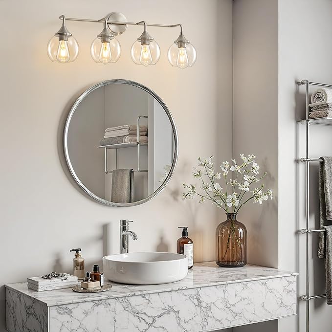 Bathroom Vanity Light with Clear Glass Shade, E26 Base 4-Light Bathroom Light Fixtures Over Mirror, 31 Inch Vanity Lights for Bath (Exclude E26 Bulb)