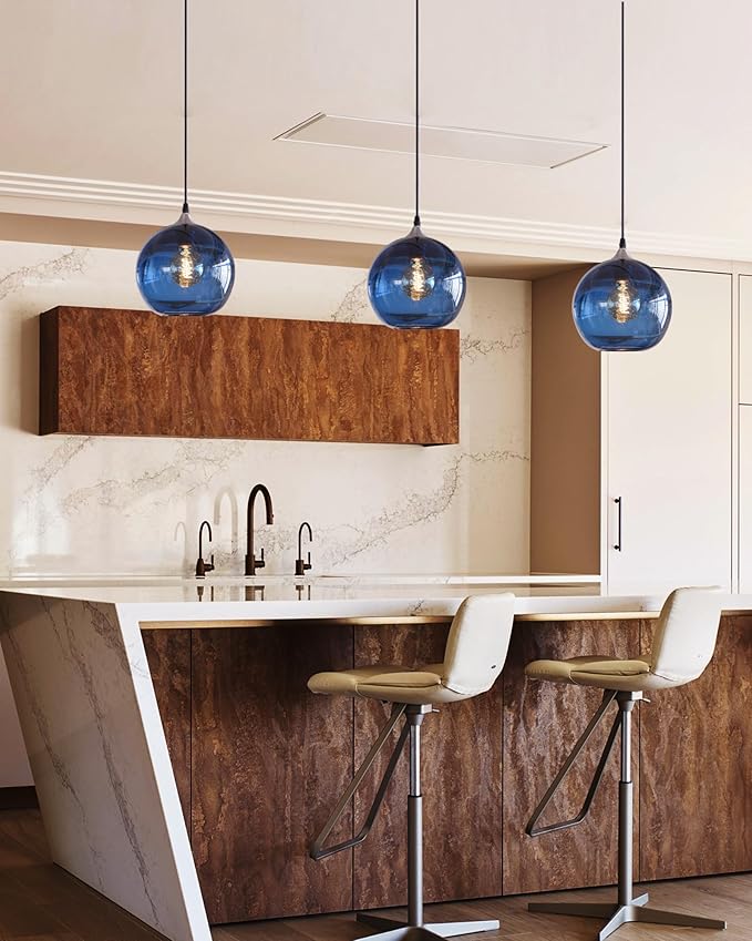ARIAMOTION Pendant Lighting for Kitchen Island Hand Blown Glass Modern Blue Bubbles Light Over Sink Bar Bedroom Vintage Globe 8.7 InchDiam