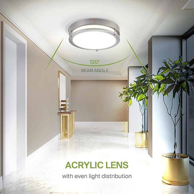 ASD LED 14" Round Flush Mount Lighting, Close to Ceiling Light Fixture | 3CCT, Dimmable, Battery Backup, ETL Listed | 21W 1854LM 3000-5000K 100-277V | Low Profile Double Ring Lamp | Nickel, 4 Pack