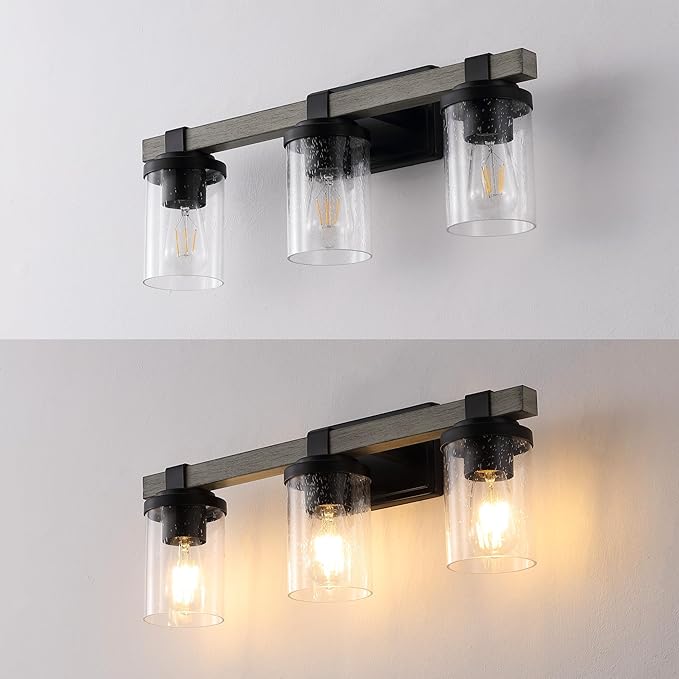 JONATHAN Y 22.75" Black/Gray Oak Wood Finish LED Vanity Light, Rustic Farmhouse Sconce, Clear Seeded Glass Shade, Industrial Wall Lamp for Bathroom Mirror, Kitchen Sink, LED Bulb (JYL7509B)