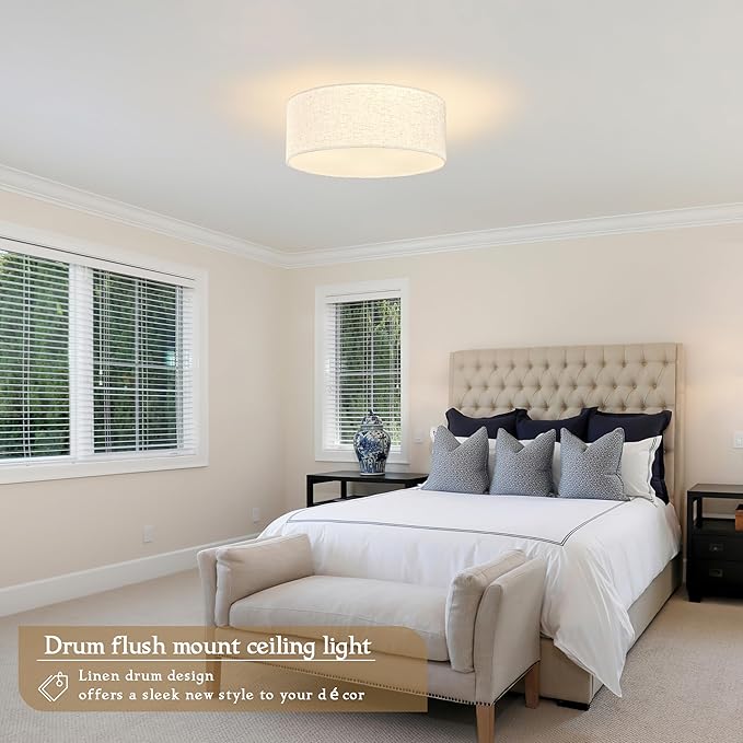 12.6 Inch Flush Mount Ceiling Light Gold Close to Lights Fixture with Fabric Shade 3-Light Drum Modern Lights for Dining Room Bedroom Hallway