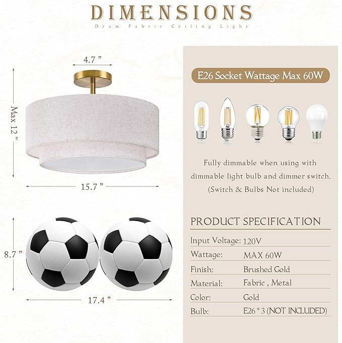 15.7 Inch Flush Mount Ceiling Light Gold Close to Lights Fixture with 2-Layer Fabric Shade 3-Light Drum Modern Lights for Dining Room Bedroom Hallway