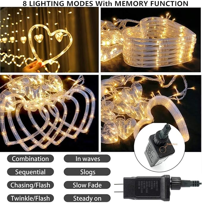 Efunly Valentines Day Decor Lights,138 LED 12-Heart-Shaped String Lights Waterproof,8 Modes Connetable 29V Plug in Curtain Lights for Kids Bedroom Wedding Party Valentines Day Decoration (Warm White)