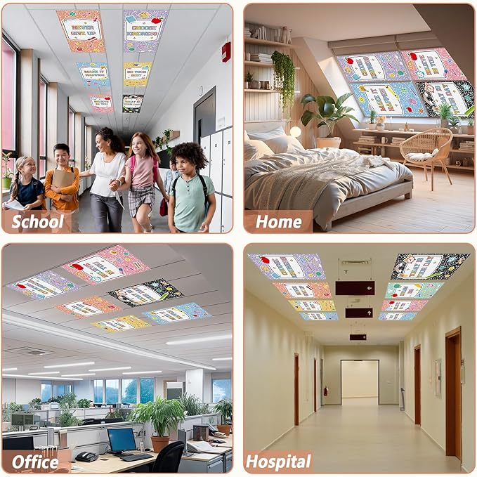 QOUBAI 6 Pcs Fluorescent Light Covers,4 x 2 Ft Magnetic Light Filters Notebook Fluorescent Lights Shade Easy Install for Classroom Office Library Hospital Home Ceiling Composition