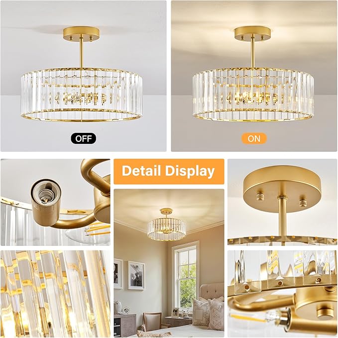 Glod Crystal Ceiling Light Fixture, Modern Semi Flush Chandelier, Round Hanging Lighting Chandeliers for Dining Room, Kitchen, Bedroom, 3-Light, 15.74 Inch