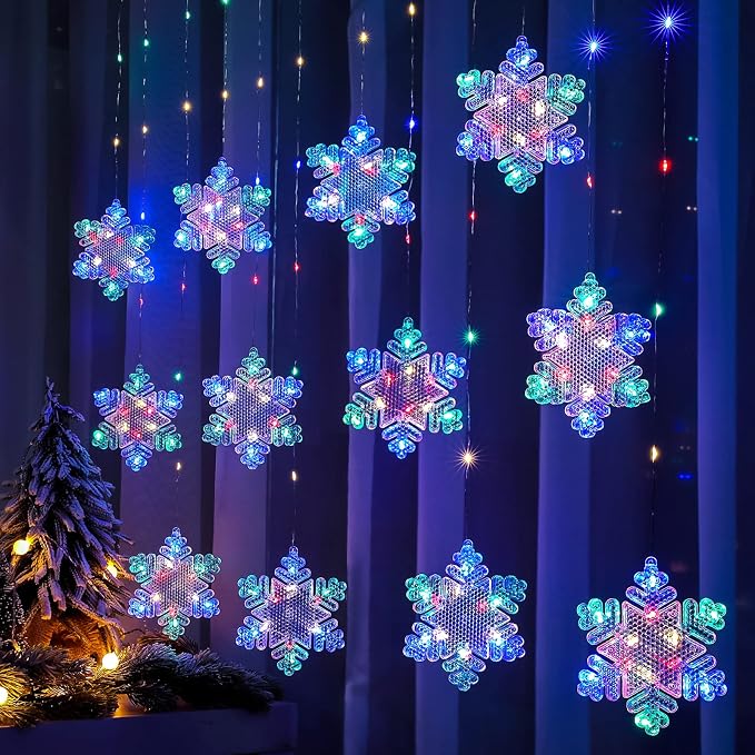 BLOOMWIN Christmas Fairy Curtain Lights 9.8ft Snowflake Lights USB Christmas Indoor Decorations 204LEDs Twinkle Lights with Remote for Bedroom Xmas - Colorful