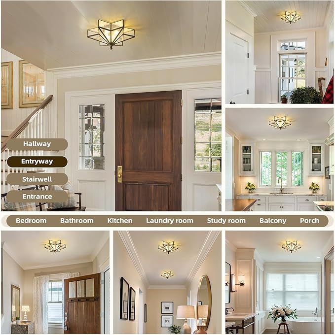 Star Vintage Bronze Ceiling Light - 12.2 in Small Hammered Glass Antique Flush Mount Fixture - Mid Century Black Art Deco Lighting for Kitchen Hallway Bedroom Bathroom Laundry Entryway Farmhouse Hall