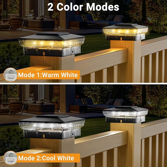 btfarm 8 Pack Solar Post Cap Lights Outdoor, 2 Color Modes 16 LED Fence Post Lights Fit 4x4 3.5x3.5 Wooden/Vinyl, Bright Waterproof Solar Powered Deck Lighting Outside for Patio Porch Garden, Black