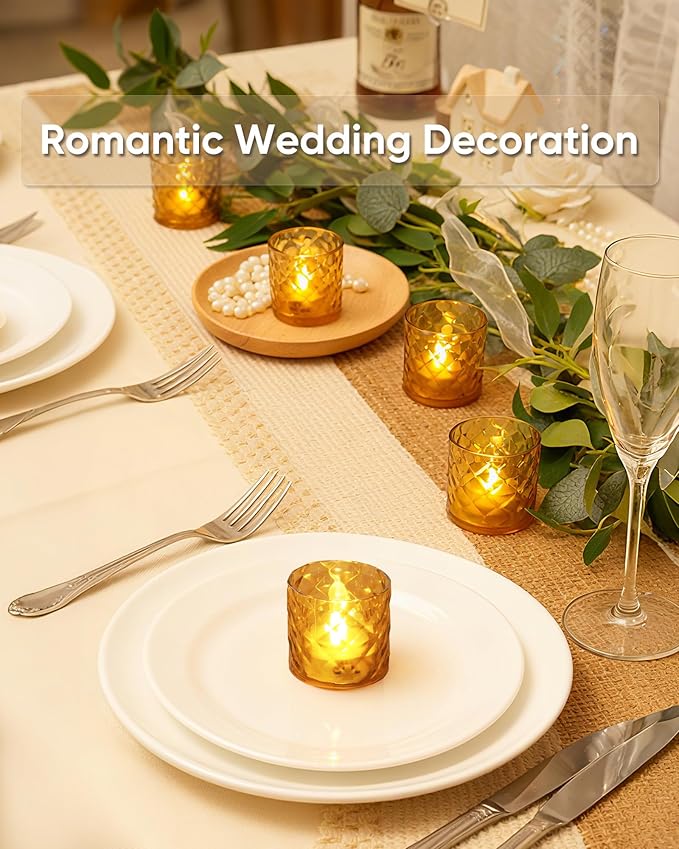 Homemory 2" x 2" Acrylic Votive Candle Holders with Auto Timer Flameless Led Tealight, Battery Powered Fake Electric Candles for Wedding Centerpiece, Table, Christmas Decor (12Pack, Gold Base)