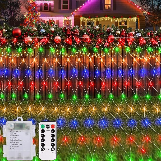 echosari Chritsmas Net Lights Battery Operated, 100 LED 4.9 x 4.9ft Outdoor Net Light Remote Timer Mesh Lights for Bush Deck Fence Wall Holiday Decor (Multicolor)