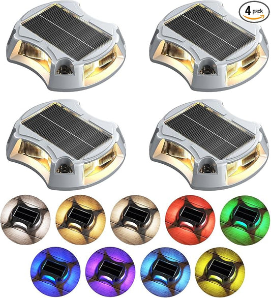 Solar Driveway Lights Solar Dock Lights 9 Colors in 4 Pack, Waterproof IP68, Outdoor, for Driveway Markers, Pathway, Sidewalk, Marine Dock, Warning Step