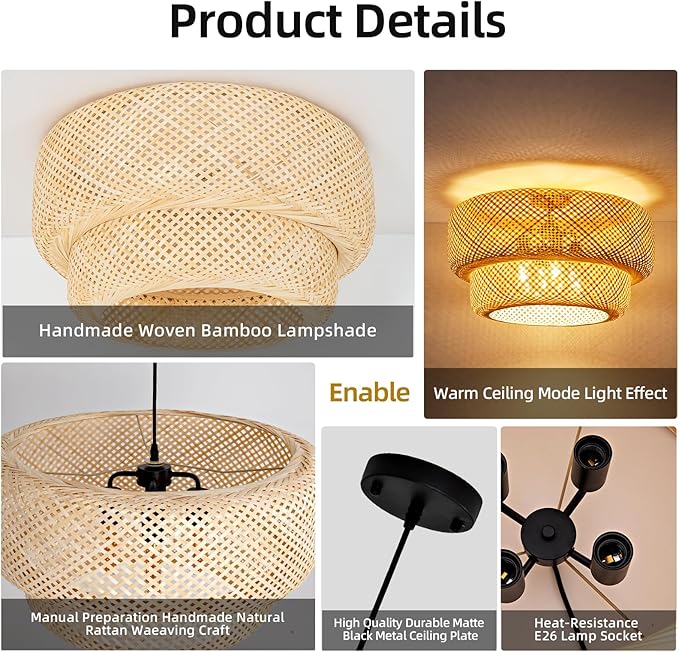23.62" Bamboo Pendant Light,Boho Rattan Hanging Light,Hand Woven Wicker Chandelier for Kitchen Island for Kitchen Island Dining Bedroom Living Room Restaurants