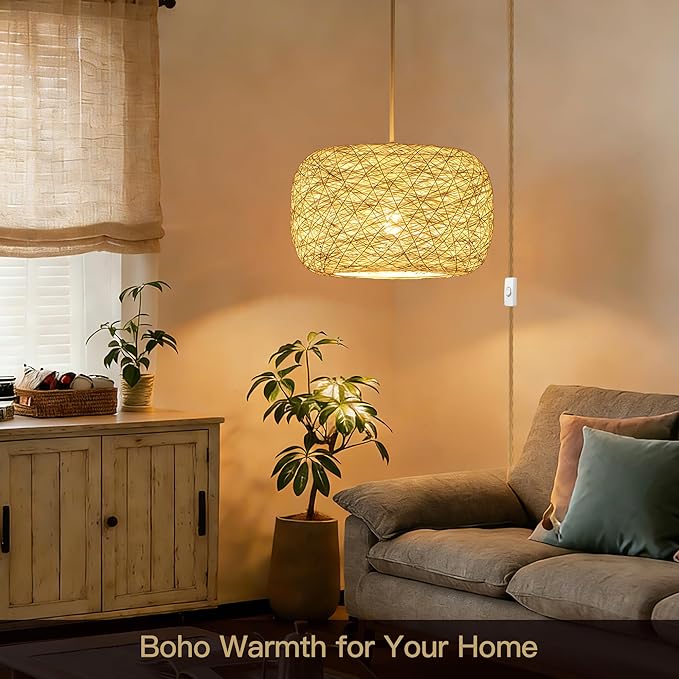 Plug in Pendant Light with Woven Rattan Lampshade, 12” Boho Hanging Lamp with 15FT Cord & On/Off Switch, E26 Socket, Ceiling Hook Installation for Bedroom Living Room Dining Nook Apartment