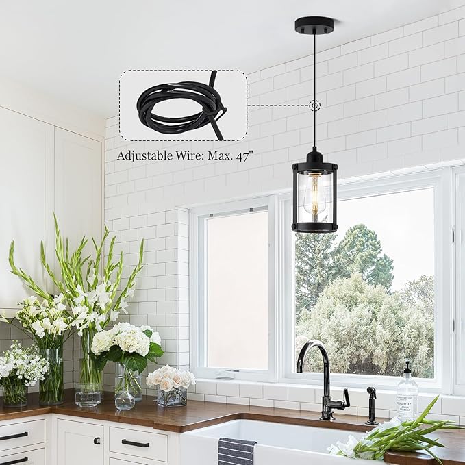 Black Pendant Lights Kitchen Island, 1-Light Modern Mini Hanging Light Fixtures with Clear Glass, Farmhouse Kitchen Pendant Lighting Over Island for Sink Dining Room, OS-3014-1PBK
