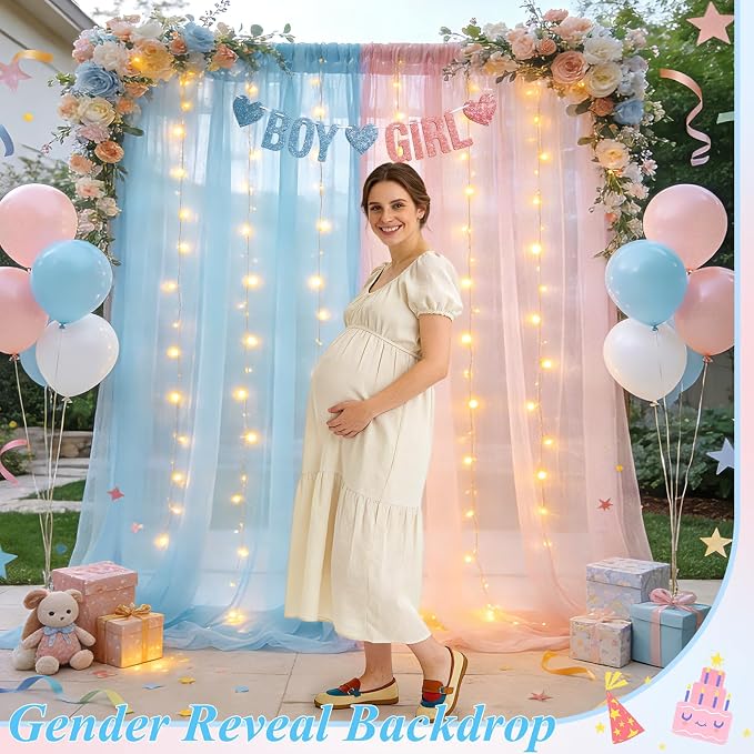 Ledido 2 Pack 10×8ft Pink Blue Tulle Backdrop Curtains with Light String - 600LED Fairy Light Sheer Curtain Backdrop for Gender Reveal Baby Shower Photo Shoot Birthday Party Decoration(4 Panels 5×8ft)