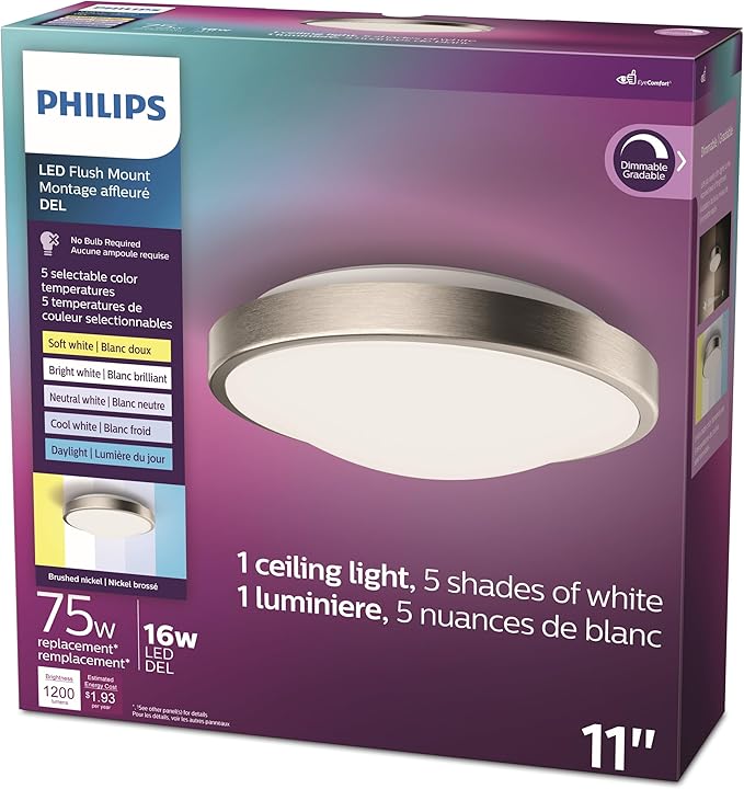 Philips LED 11" Flush Mount Ceiling Light 1-Pack, Selectable White Multi-CCT Brushed Nickel, 1200 Lumen (16W = 75W) Dimmable Ceiling Light, Frosted Flicker-Free, No Bulbs Required