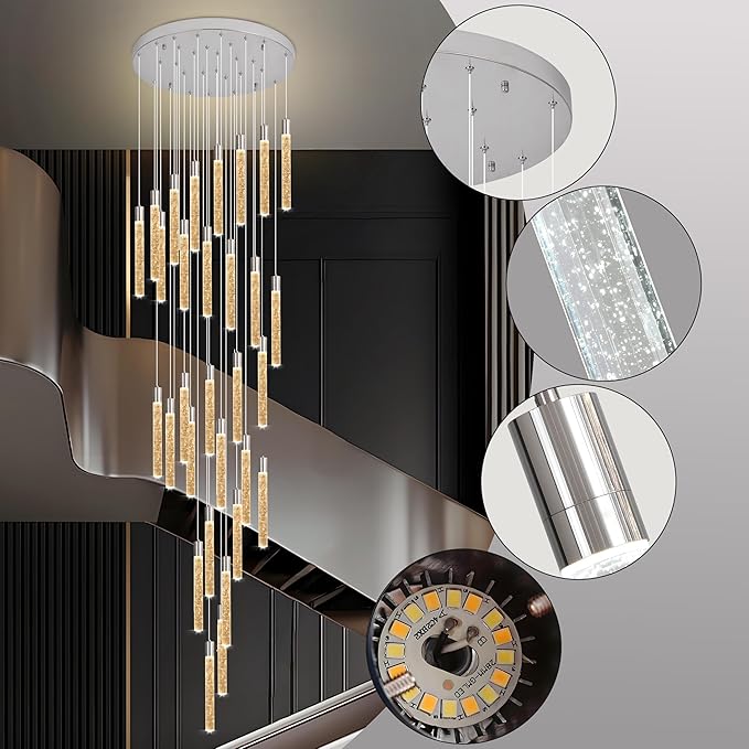 30-Light Chorme High Ceiling Chandeliers Modern Crystal Chandeliers for Entryway Long Spiral LED Dimmable Chandelier Flush Mount Ceiling Staircase Foyer Living Room Ceilings Light Fixture