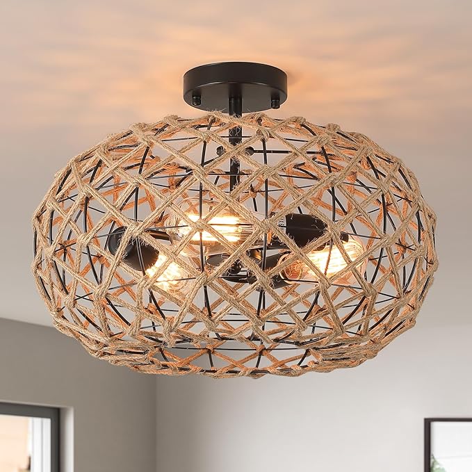 3-Light Large Coastal Woven Flush Mount Ceiling Light Fixture 17.7 inch Boho Rustic Handmade Hemp Rope Round Cage Semi Flush Mount Ceiling Lighting for Bedroom Entry Farmhouse Hall Beach, Black
