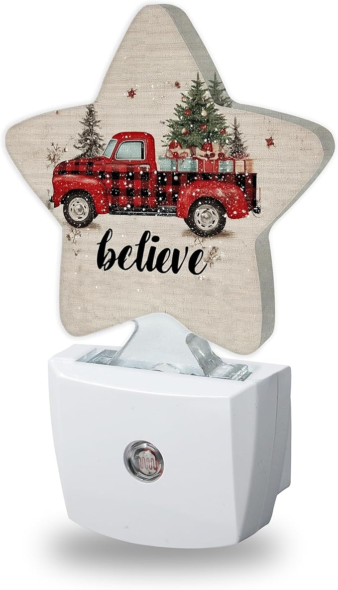 Vintage Red Truck Nightlights Plug in Wall,Christmas Tree Gifts Decorative Star Lamp with Automatic Lighting for Living Space,Gentle Glow for Kids Room,Hallway,Bathroom