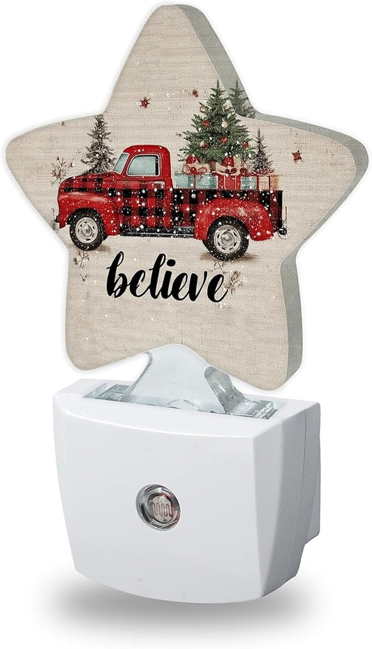 Vintage Red Truck Nightlights Plug in Wall,Christmas Tree Gifts Decorative Star Lamp with Automatic Lighting for Living Space,Gentle Glow for Kids Room,Hallway,Bathroom
