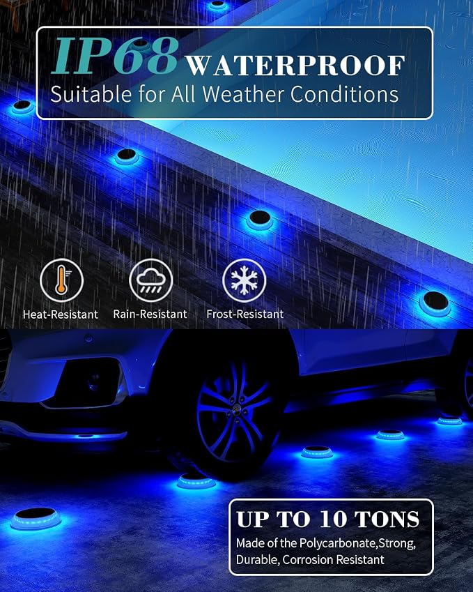 DetarZinLED 6 Packs Solar Driveway Lights, Blue Dock Deck Lights Solar Powered Outdoor IP68 Waterproof, Stick on Light for Step, Stair, Driveway, Pool, Pathway, Walkway, Patio