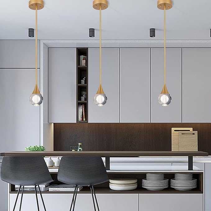 1-Pendant Lights Kitchen Island, Brass Gold Globe Crystal Ceiling Hanging Light Fxitures, LED Light Fixtures Metal Rod Ceiling Glass Pendant Lighting for Kitchen Island Dining Room Bar
