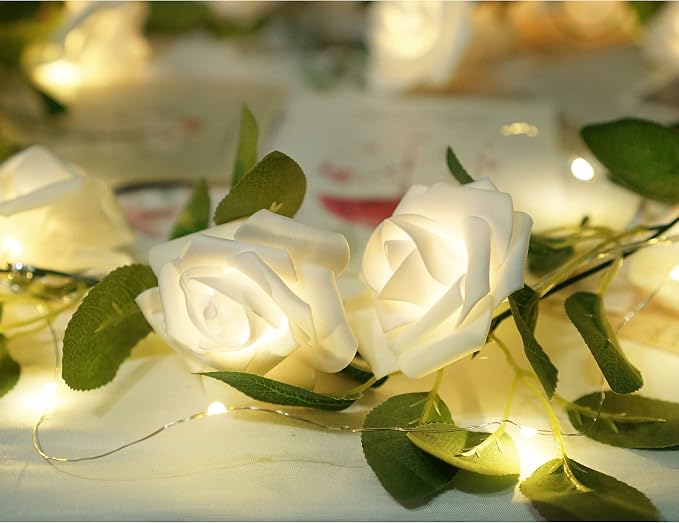 Rose Vine Lights with Remote, Battery or USB Operated Artificial Flower Garland, Hanging Fairy Lights for Bedroom Headboard, Valentine‘s Day, Wedding, Romantic Party Décor (White, 9.9)
