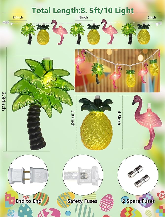 8.5FT Hawaiian Tropical String Lights 10LED Plug in Fairy Lights – Flamingo Pineapple Palm Tree, Waterproof Connectable Outdoor Lights for Luau Party Beach Pool Patio Indoor Summer Decor, UL Listed