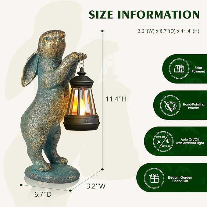 MININOVA Garden Statues Rabbit with Solar Lantern Resin Outdoor Bunny Figurines Decorations for Patio Yard Lawn Ornaments Gifts for Mother's Day Birthday Housewarming