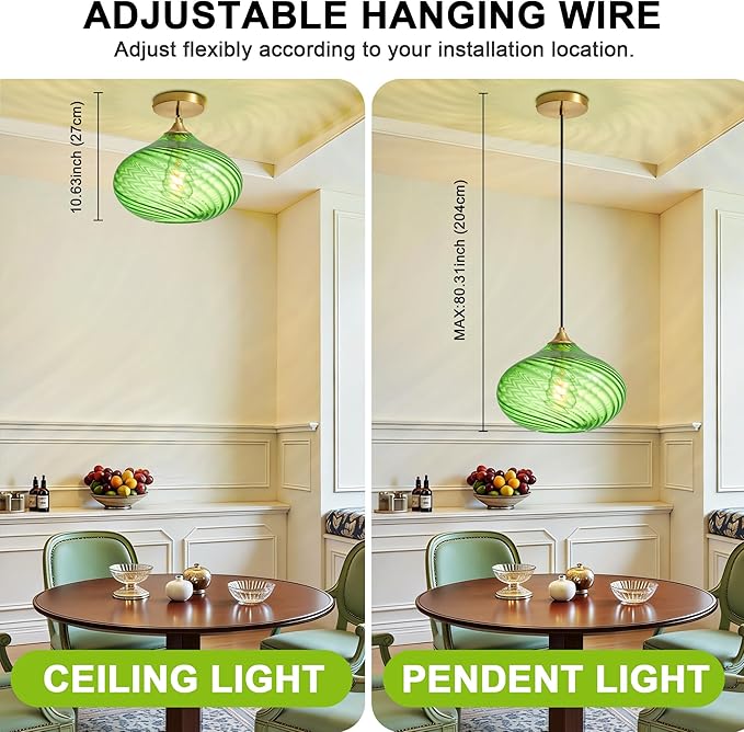 Glass Pendant Lights Kitchen Island, Gold Pendant Lighting Fixtures, Modern Hanging Ceiling Light with 11'' Striped Green Glass Shade for Farmhouse Dining Room Bedroom Hallway(1 Pack)