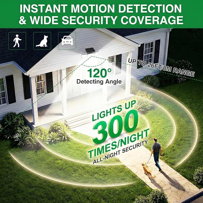 Solar Outdoor Lights Motion Sensor, 2500LM 286 LED Security Flood Lights with Visual Battery & Mode Display, 3 Lighting Modes, IP65 Waterproof 3-Head Wide Angle for Garage, Yard, Patio (6 Pack)