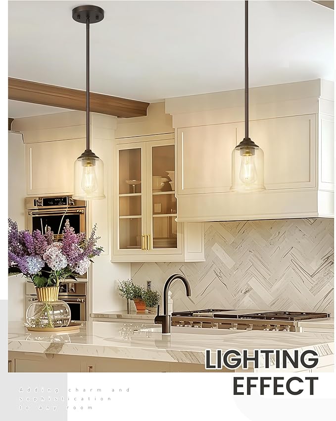 zeyu Farmhouse Hanging Pendant Lights 2 Pack, Modern Pendant Lights Kitchen Island with Clear Glass Shade, Oil Rubbed Bronze Finish, ZSL104MIL-2 ORB