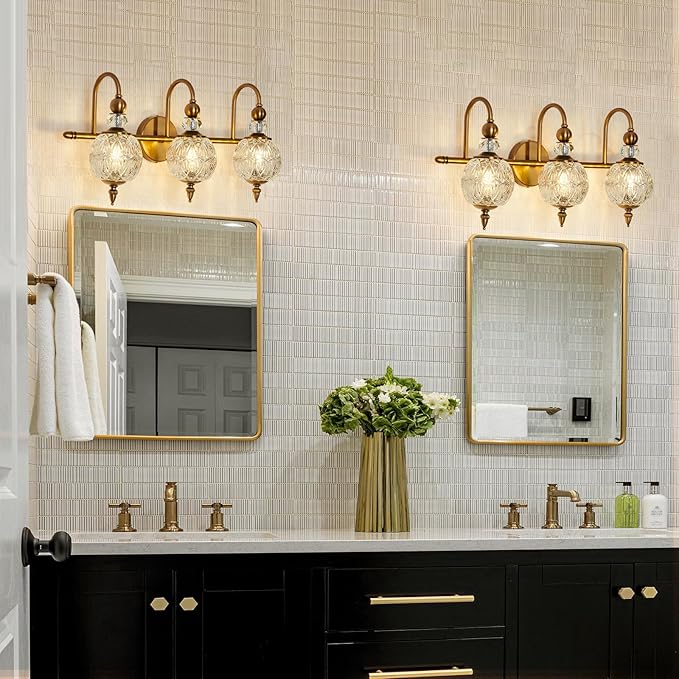 Piepooye Vintage Bathroom Lights Fixtures Gold Vanity Light with Glass Globe LampShade 3 Light Mid Century G9 Bulb Wall Sconce Indoor Vanity Light Over Mirror for Kitchen Bedroom Farmhouse Living Room