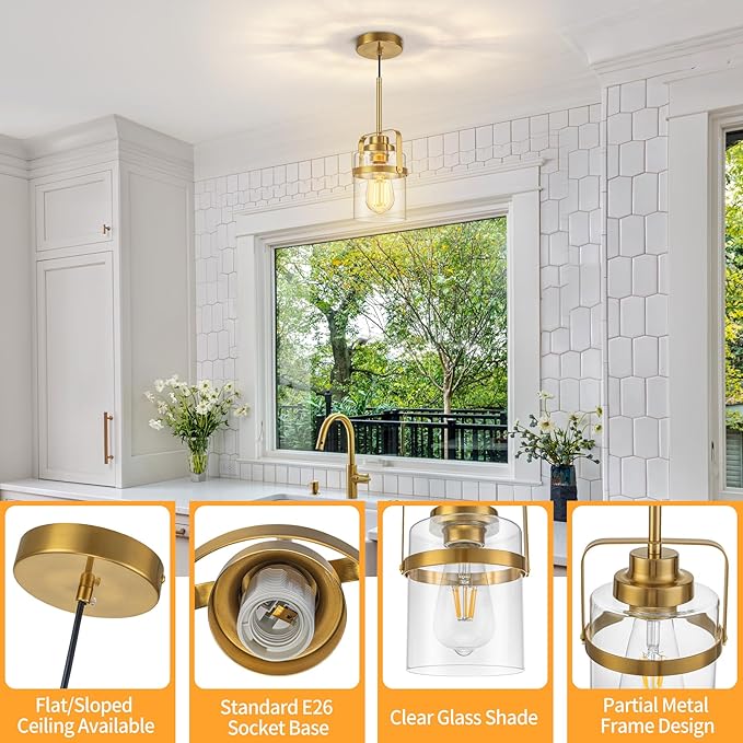 Modern Brass Pendant Lights Kitchen Island Light, Adjustable Hanging Light Fixture with Clear Glass Shade, Farmhouse Pendant Light for Dining Room Bar Over Sink/Table/Counter, 1 Pack