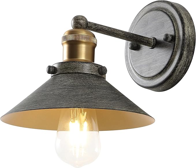 JONATHAN Y 7.88" Rustic Dark Gray/Brass Gold 1-Light Industrial Farmhouse Metal Vanity Light Wall Sconce, Metal Shade for Bathroom Mirror, Kitchen, Entryway, LED Bulb Included (JYL7426D)
