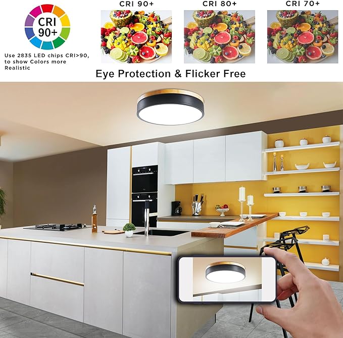 Dimmable LED Wood Flush Mount Ceiling Light Fixture 3000-6000K Tunnable 12 Inch, 24W Modern Close to Ceiling Light, Bedroom Light for Kitchen, Hallway, Black, Type B 5CCT