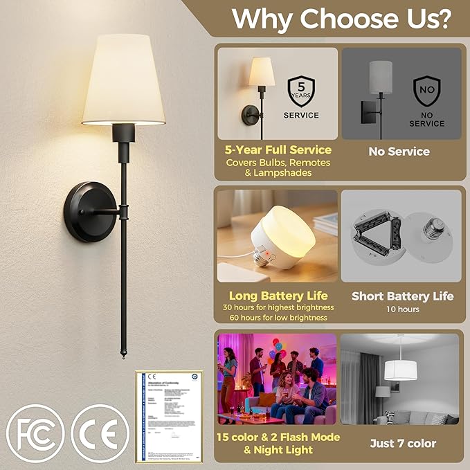 DORESshop Battery Operated Wall Sconce Set of 2, Wireless Wall Light Easy to Install, 15 Color Rechargeable Wall Sconces, Sconce Wall Decor Set of 2 for Bedroom, Living Room, Black, 24.6in