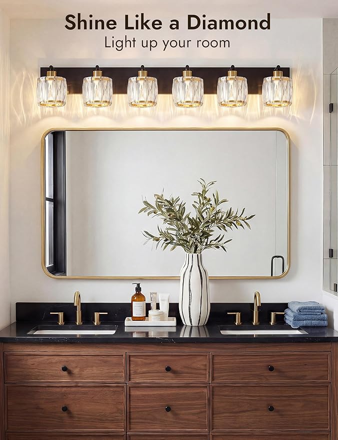 VOLISUN Crystal Vanity Lights for Bathrooms, 6 Light Bathroom Vanity Light, Black and Gold Bathroom Light Over Mirror, Modern Bathrooms Lights Fixtures-UL Certificated(Exclude Bulb)