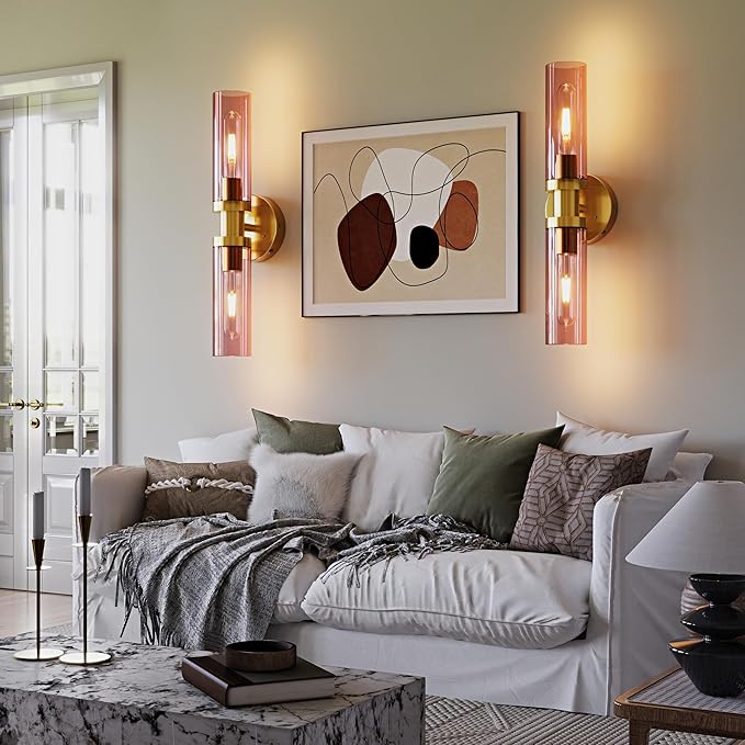 Rayogale Rechargeable Battery Wall Sconce Set of Two, 10000mAh Cordless, Dimmable, Touch Control for Living Room, Bedroom Gold with Wine Red Lampshade (Include 4 Special Bulbs)