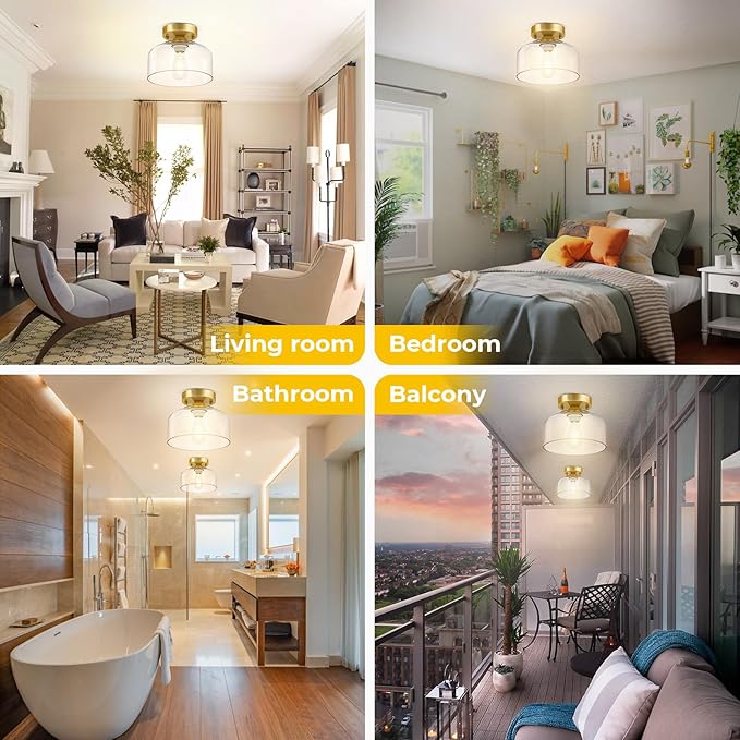LACCEN Semi Flush Mount Ceiling Light Brushed Gold - Clear Glass Pendant Lamp Shade, Modern Farmhouse Light Fixture for Hallway Corridor Kitchen Entryway Bedroom, Bulb Not Included