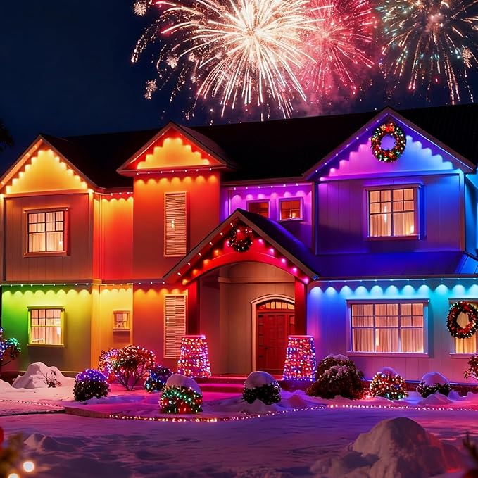 AHAWILL 100FT Christmas Permanent Outdoor Lights,RGB Eaves Lights with App & Remote Control,DIY Multi-Color Scene Modes,IP67 Waterproof,Outdoor Strings for House,Holiday Decorations for Christmas